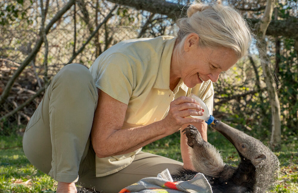 Kristine Tompkins feeding an animal in Argentina