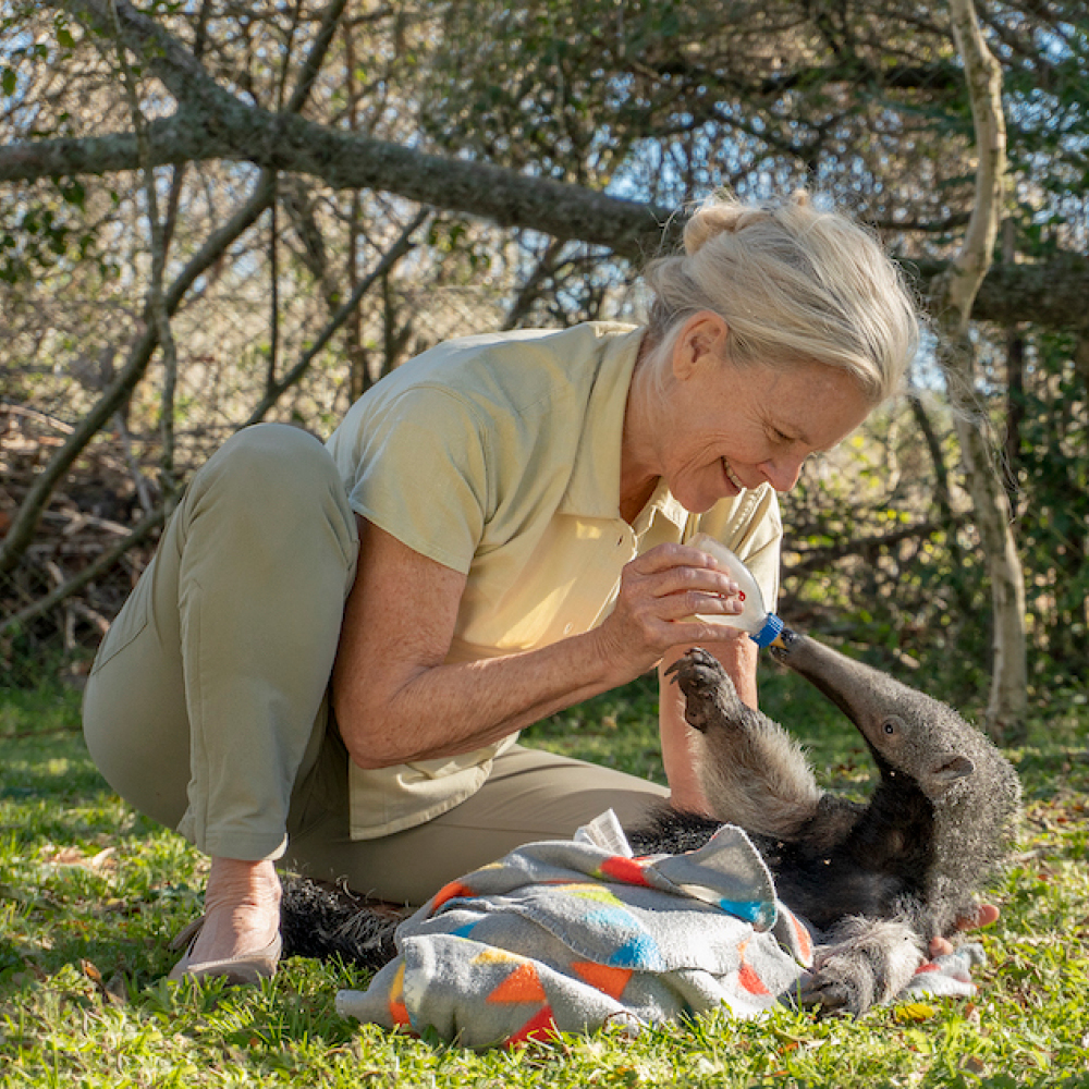 Kristine Tompkins feeding an animal in Argentina