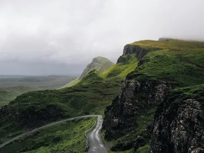Green hills with windy roads in the United Kingdom