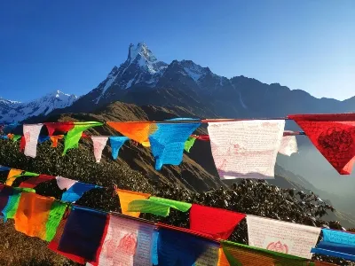 Mountains and Flags symbolizing the Nepalian cultural experiences