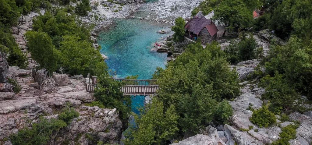 Wild river valley in Albania with bridge