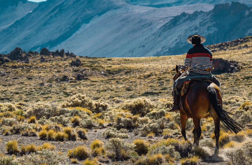 Man riding a horse through the wilderness as part of conservation and sustainability in Argentina