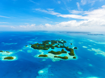 Islands and blue sea in Palau from above