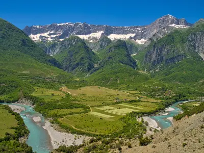Vjosa river running through the valley landscape in Albania