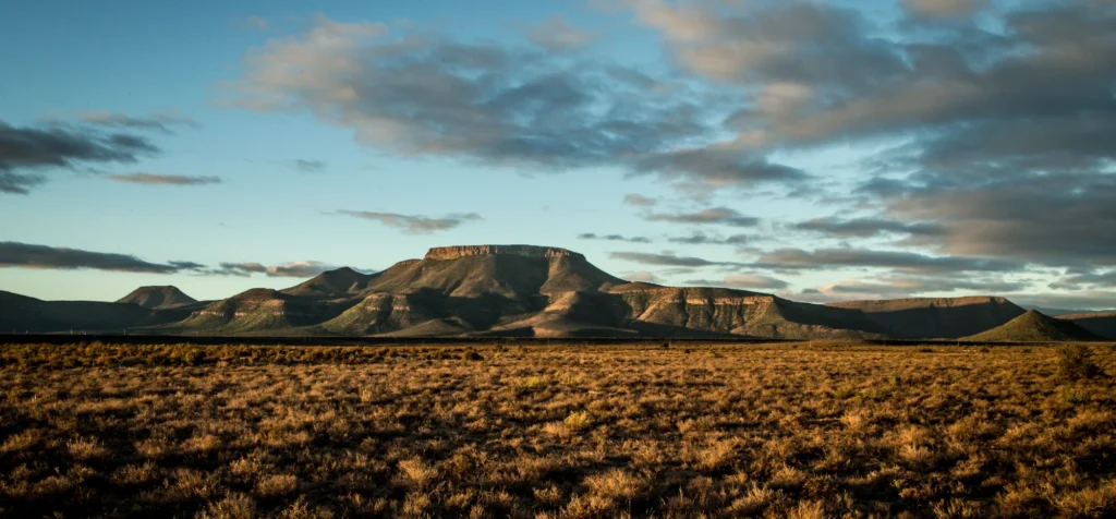 Karoo in South Africa landscape, with a mountain rising in the background