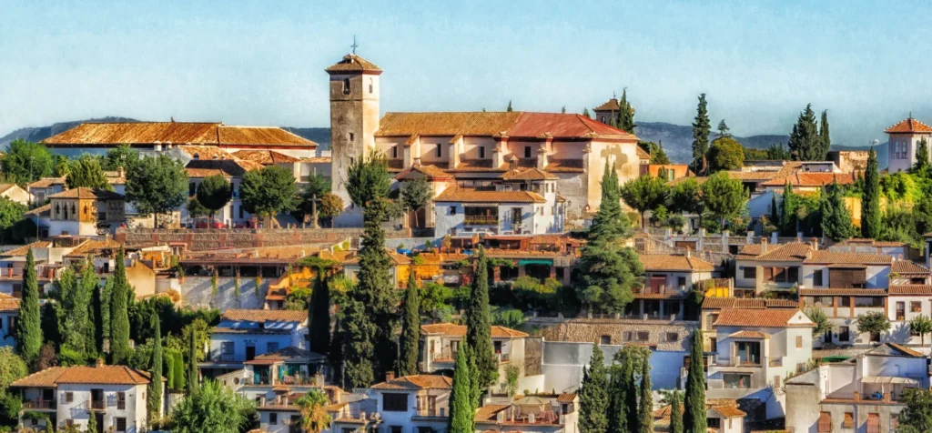 Traditional Spanish houses and trees