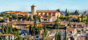 Traditional Spanish houses and trees