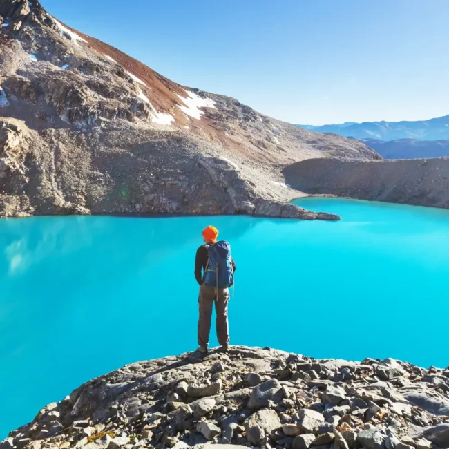 Man hiking on a luxury expedition in Patagonia