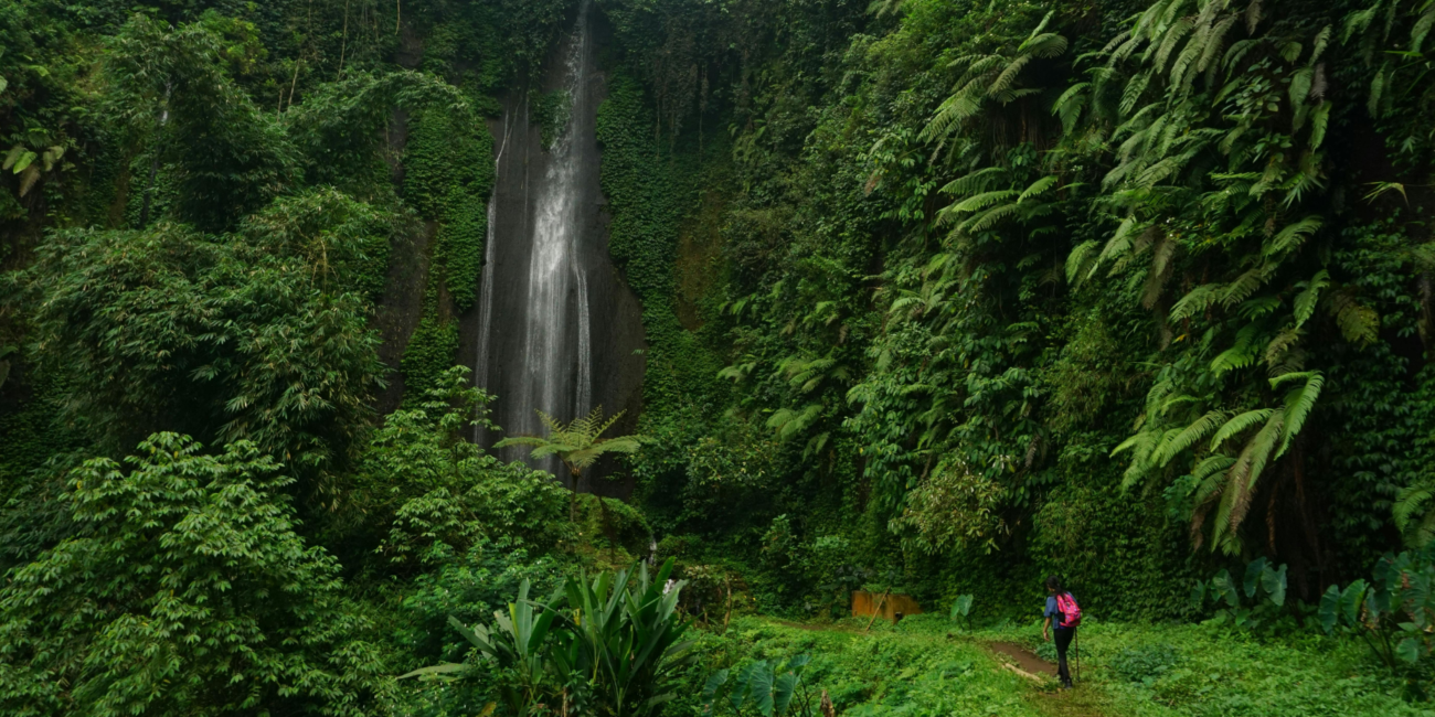 Woman hiking next to a waterfall